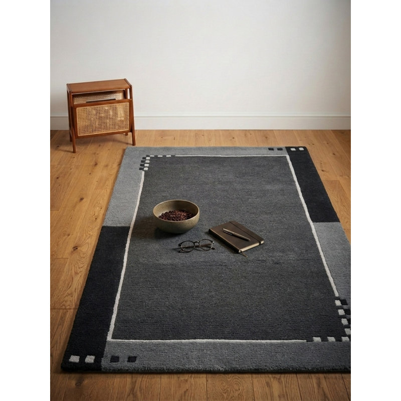 Tapis d'intérieur rectangulaire contemporain Tibbati en laine anthracite, fait à la main, Rectangulaire 8 pi x 11 pi