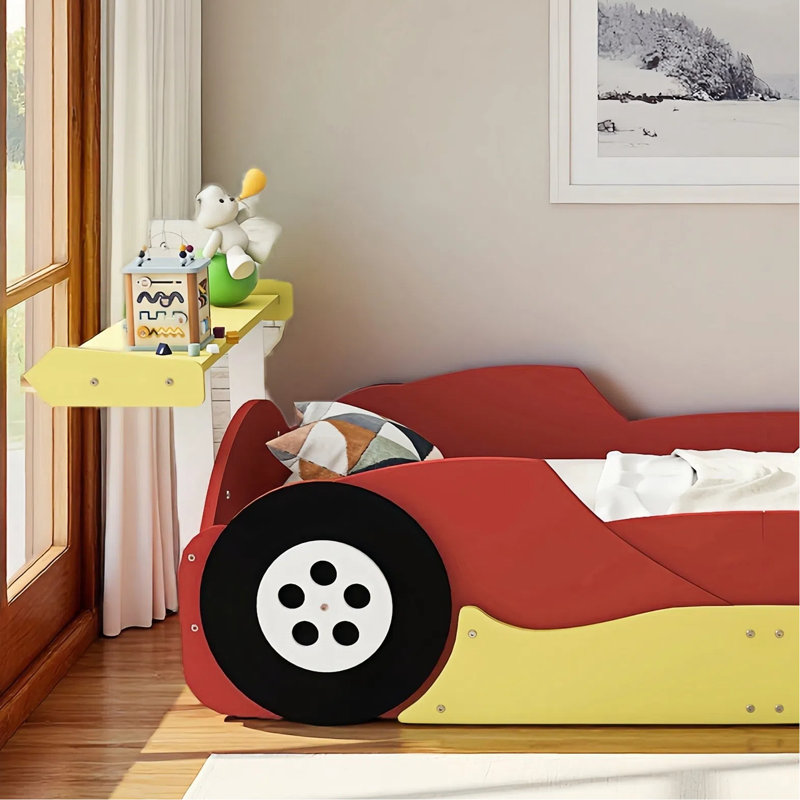 Kids Playful Design Race Car Theme Bed with Safety Guardrails, Twin, Red