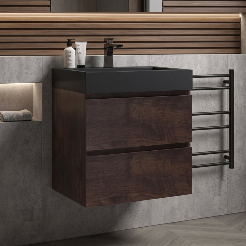 Wall Mounted Single Vanity Bathroom Vanity With Solid Surface Top, Noyer