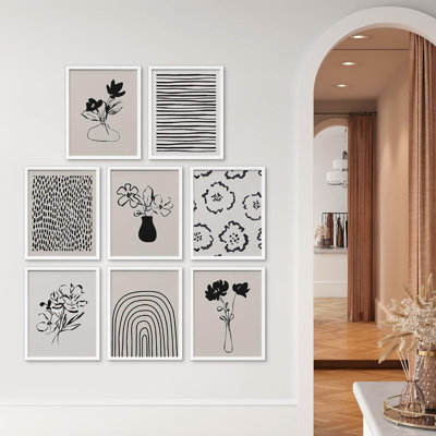" Duotone Black & White Floral Botanical Flower Nature Abstract Shapes " 8 - Pieces