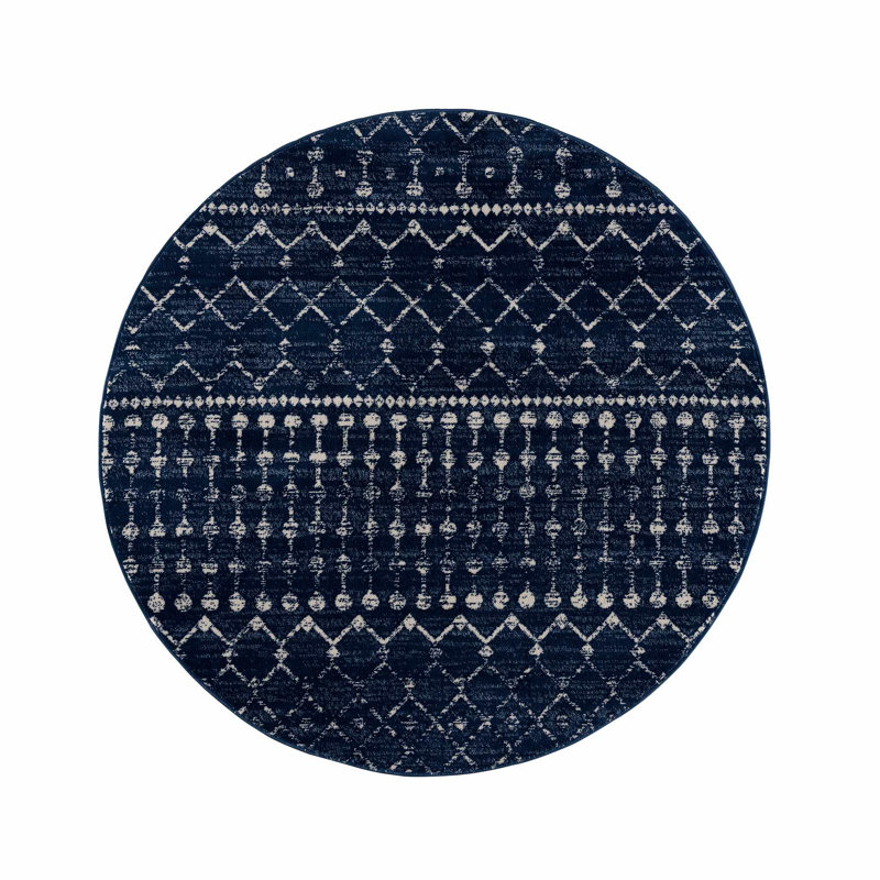 Tapis bleu marine / blanc Dounia, Rond 5 pi 3 po