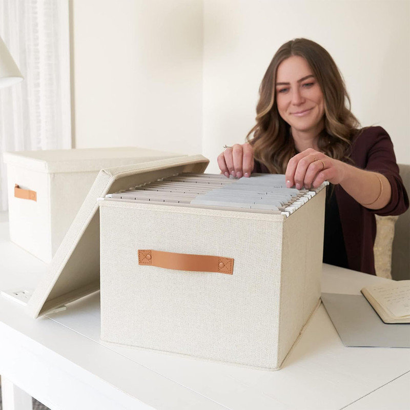 Modern File Organizer Box Set of 2 - Collapsible Linen Filing Cabinets, Fits Documents & Hanging File Folders , Portable Easy Slide File Crates with Lid