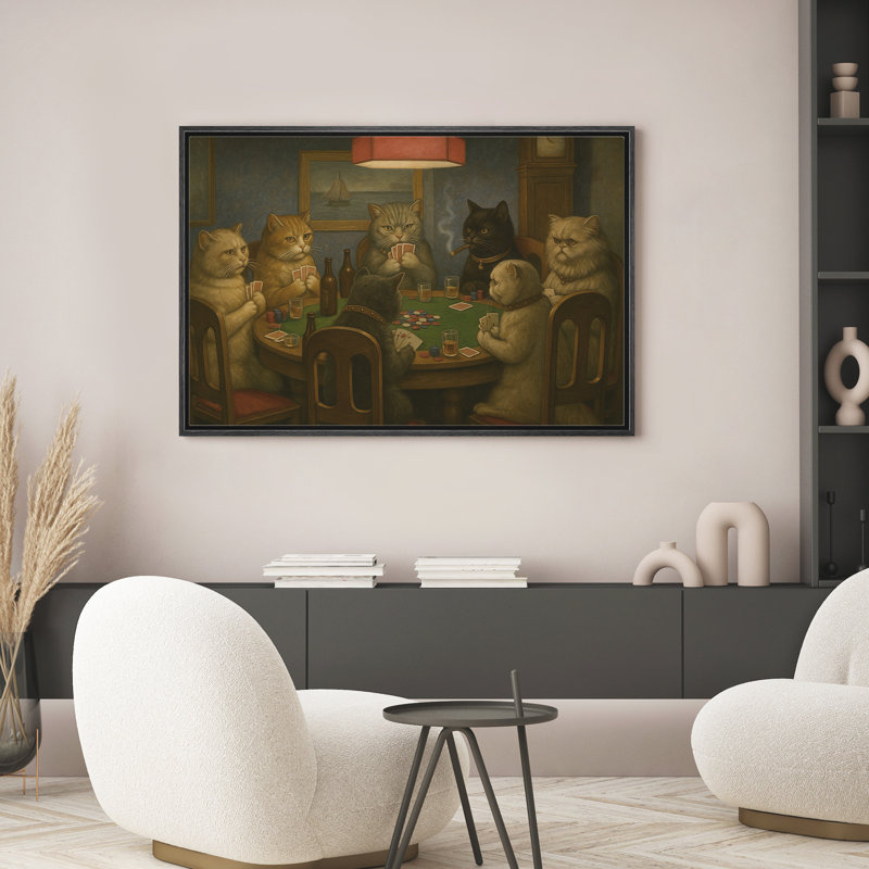 Chats jouant au poker, jeu d'animal fantaisiste, nuit, homme des cavernes, impression sur toile encadrée, Noir