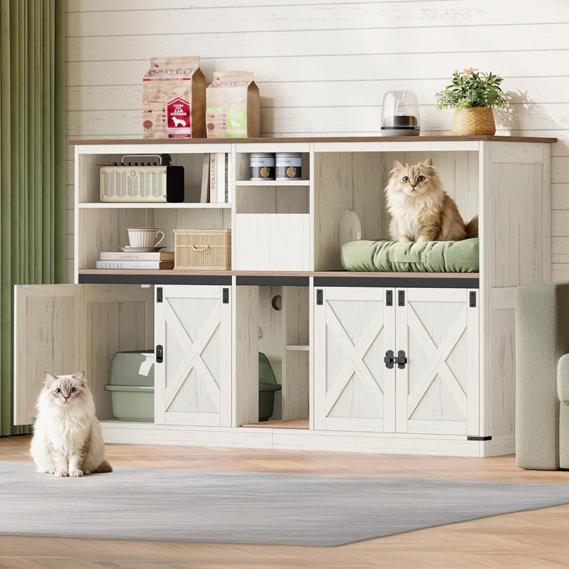 Enceinte de litière pour 2 chats, armoire à chat avec grand espace de rangement, litière cachée avec bloc-notes, maison de ferme, table de bout de meuble télé, brun rustique et blanc