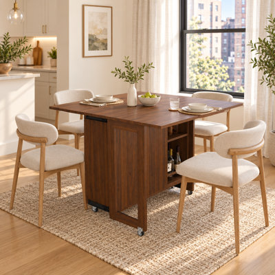 41 Inch Folding Dining Table for 4 with Storage Shelves and Rolling Wheels for Small Spaces