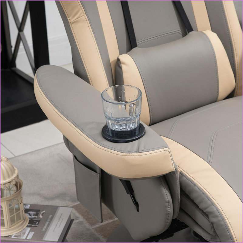 Fauteuil inclinable, fauteuil manuel pivotant en cuir de polyuréthane avec porte-gobelet, poche de rangement, inclinaison à 135 ° | Gris clair | Structure en acier