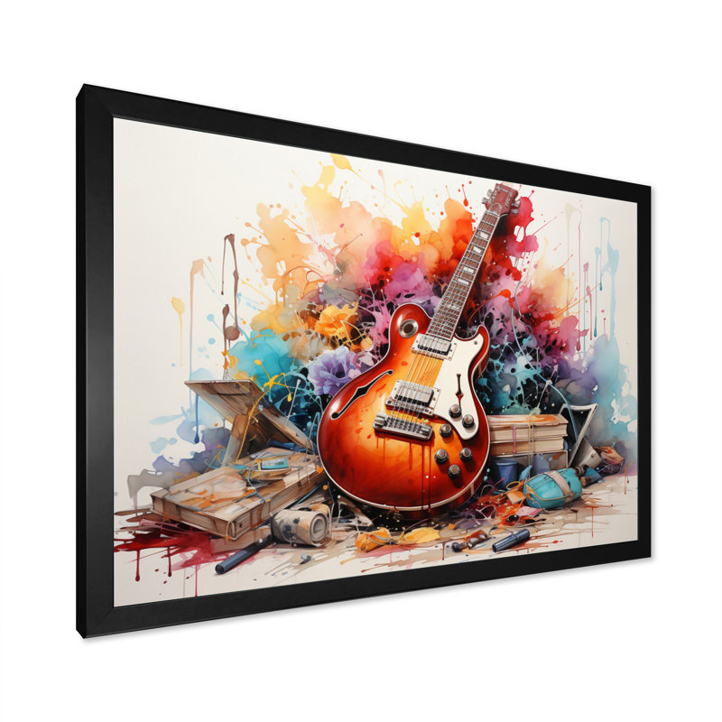 «Dry Watercolor Fire Guitare III», reproduction, H 34 po x l 44 po x P 1,5 po, Cadre photo noir