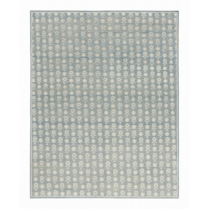 Rug & Kilim’S Modern Block Print Rug In Blue With White Floral Patterns, Rectangle 12' x 15'