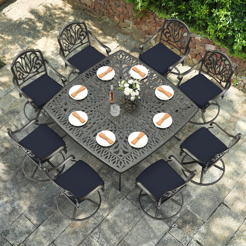 Bloomsbury Market 9-piece Outdoor Furniture Dining Set For 8, All-weather Cast Aluminum Patio Table And Chairs Set With 8 Chairs, 63.98" Large Square Dining Table With 2.2" Umbrella Hole