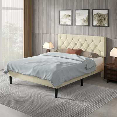 Lit plateforme tapissier Candelaria avec tête de lit capitonnée réglable, cadre de lit en tissu de lin avec tête de lit capitonnée à boutons, aucun sommier requis, support à lattes en bois, lit tapissier moderne pour la chambre à coucher