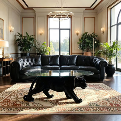 Black Flocked Panther Sculpture Coffee Table, Oval Amber Tempered Glass Top, Art Decor Coffee Table for Living Room