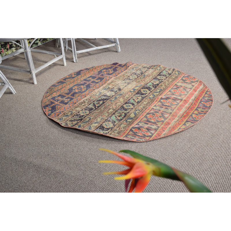 Vintage Turkish Oushak Round Rug - Red Patchwork Accent for Entryway or Dorm Room