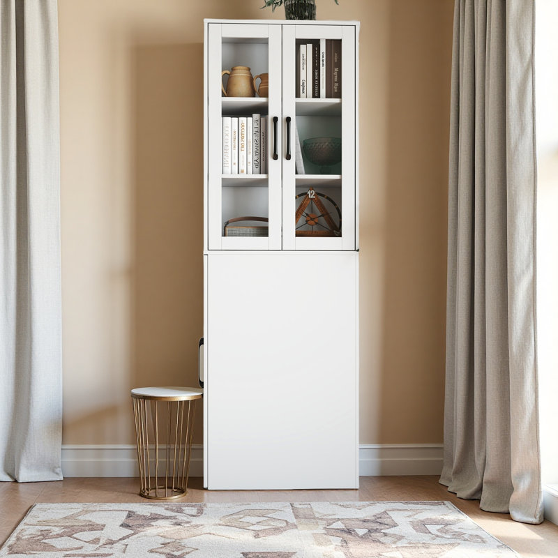 Armoire de rangement H 70,87 po, tablette de rangement coulissante multi-fonctions à 4 niveaux et 2 portes en verre, Blanc