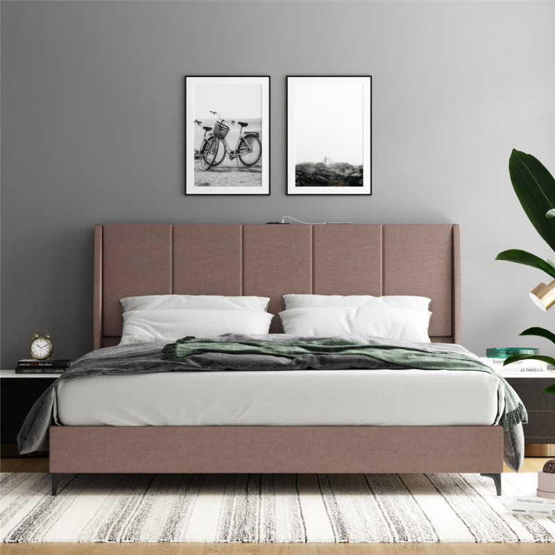 Santresa Upholstered Wingback Bed Frame with USB, Taupe, King