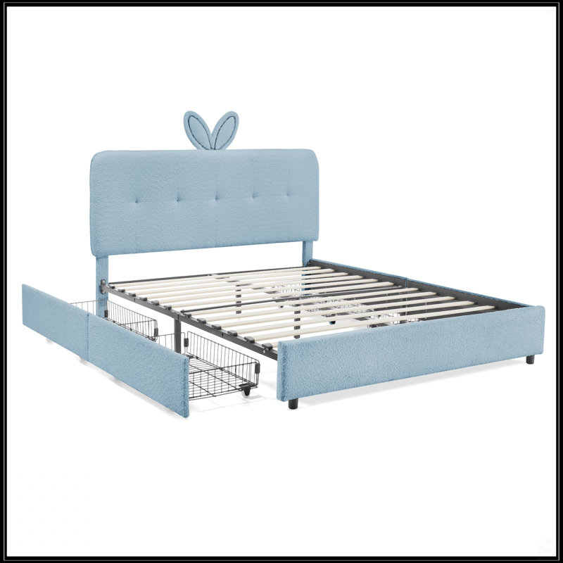 Queen Size Kids Upholstered Bed With Oversized Rabbit Ear Headboard, LED Light, And 4 Storage Drawers, Boucle Fabric, Queen