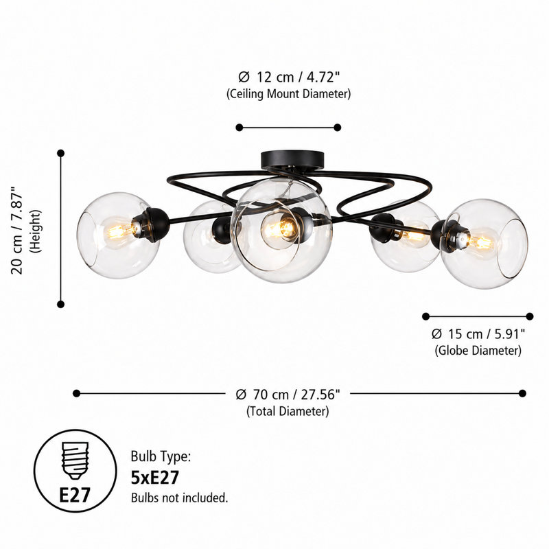 Glass Semi Flush Mount, Transparent, Clear, 5 Lights
