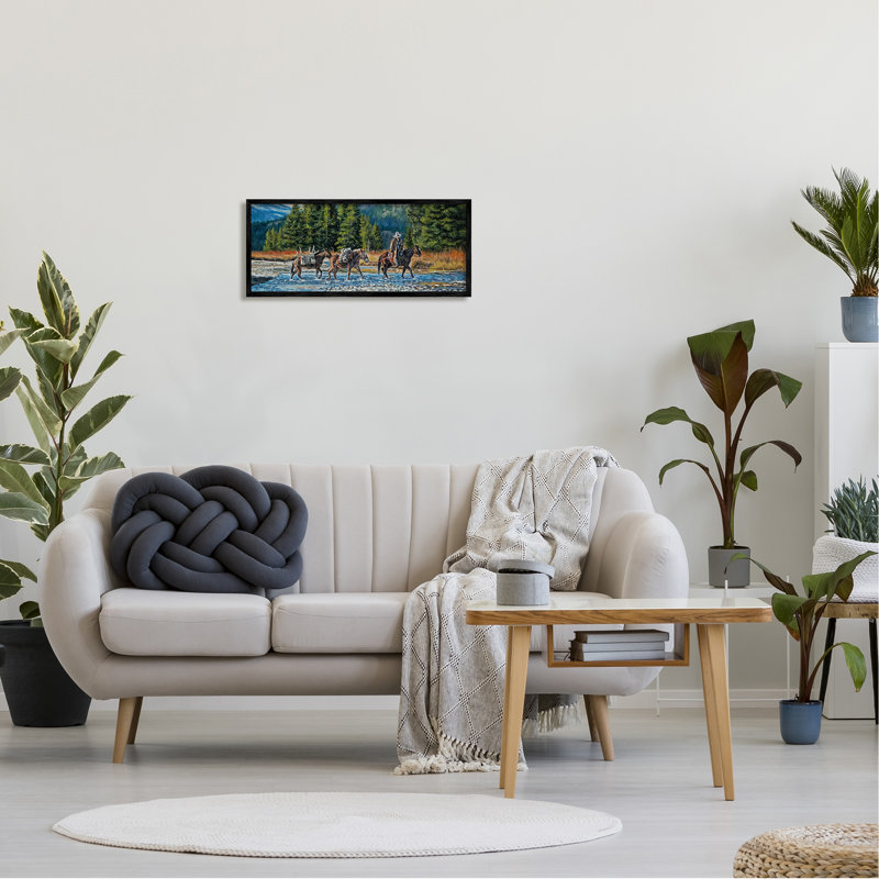 «Crossing River Cowboy Landscape» encadré sur bois par David Graham, peinture, Giclée encadrée noir minuit