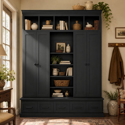 Lisson 78.7" Wide Hall Tree with Bench, 5 Drawers, 2 Cabinets and Adjustable Shelves