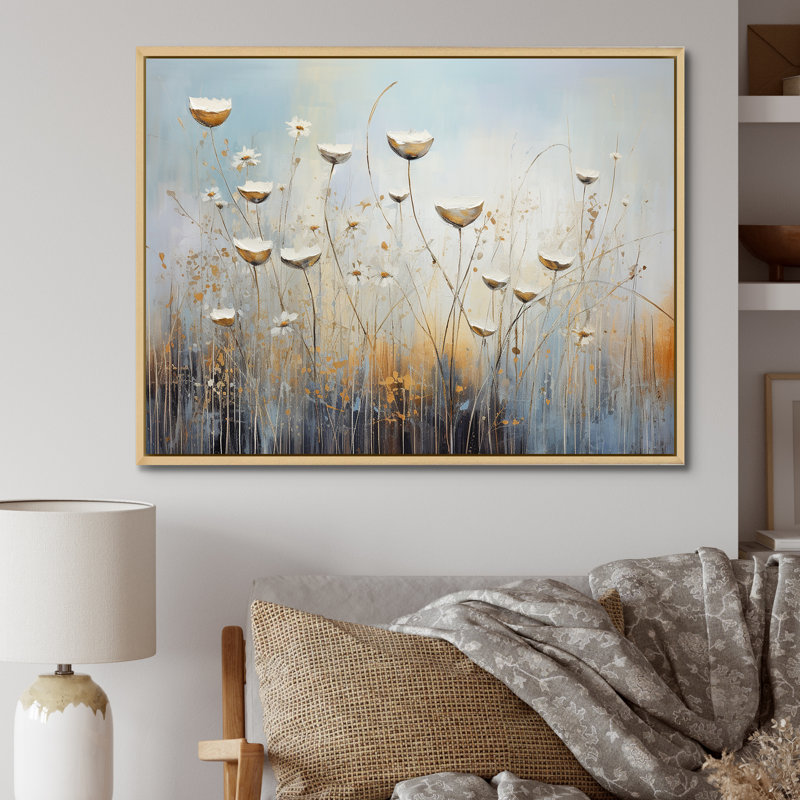 Beige Wildflowers Breeze IV sur toile, Cadre naturel flottant, H 16 po x l 32 po x P 1 po