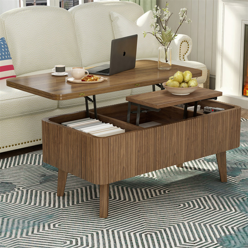 Table basse à plateau relevable 3 en 1, conception convertible cannelée pour la salle à manger et le rangement, parfaite pour les espaces de vie modernes