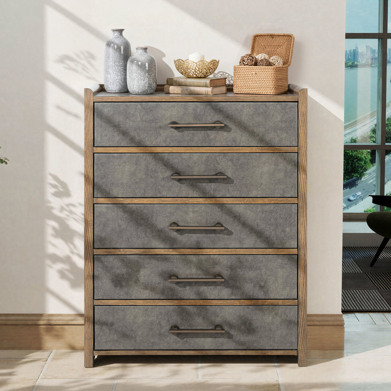 Commodes à 5 tiroirs de 38 po avec façade en similicuir et poignée large 38 po, aucun assemblage requis