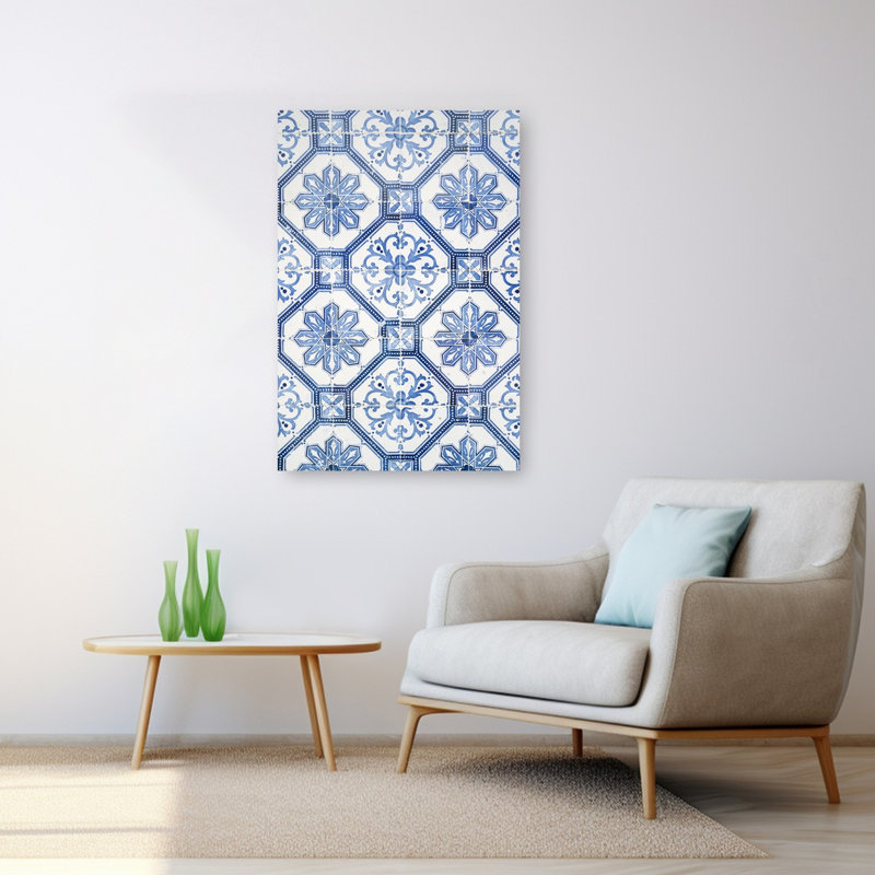 Motif azulejo bleu à motif géométrique classique, H 48 po x l 32 po