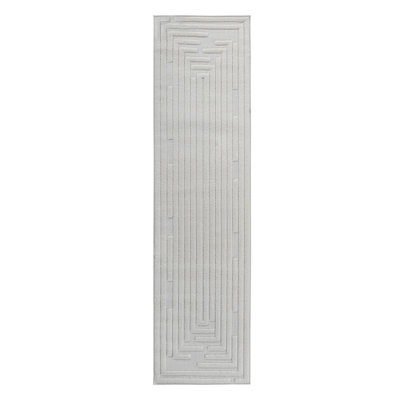 Step Collection High-Low Striped Cream Indoor Runner Rug, 2'2''X8', Modern, Contemporary, Geometric, Bohemian, Bedroom, Kitchen, Living Room, Hallway, Non Shedding Carpet