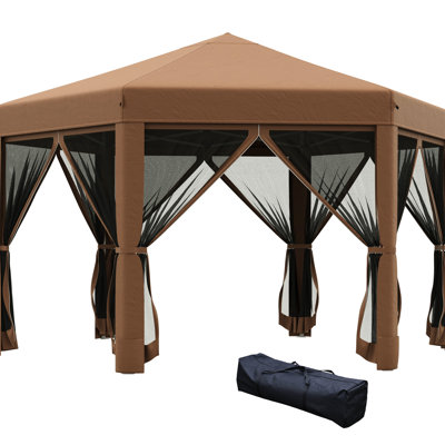 Heavy Duty 13' X 11' Gazebo, Hexagonal Outdoor Canopy Tent. 6 Mesh Sidewalls, Adjustable Height, Strong Steel Frame, Brown. Great For Shows Pop Up. Sidewall Netting, Heights, Dark For Camping