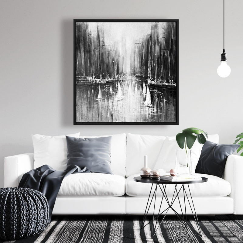 "Bateaux en gris sur l'eau" sur toile, H 36 po x l 36 po