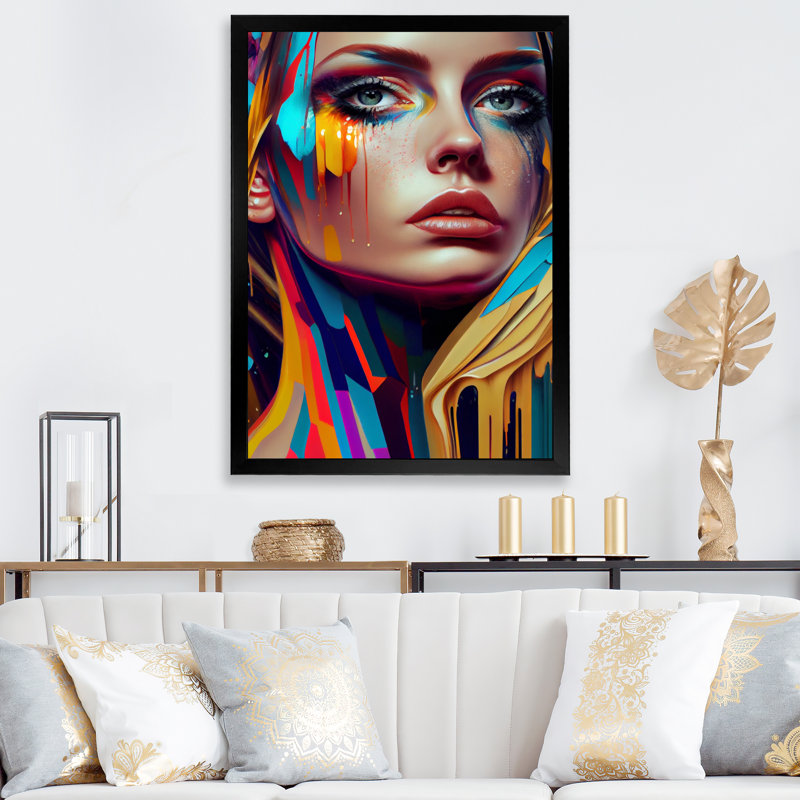 Portrait de femme vibrante et vibrante - Impression sur toile, H 32 po x l 16 po x P 1 po, Cadre photo noir