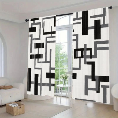 2Pcs Modern Geometric Pattern Curtains, Abstract Block Design Room Darkening Window Drapes For Living Bedroom Kitchen, Rod Pocket Decor, Home Accessories