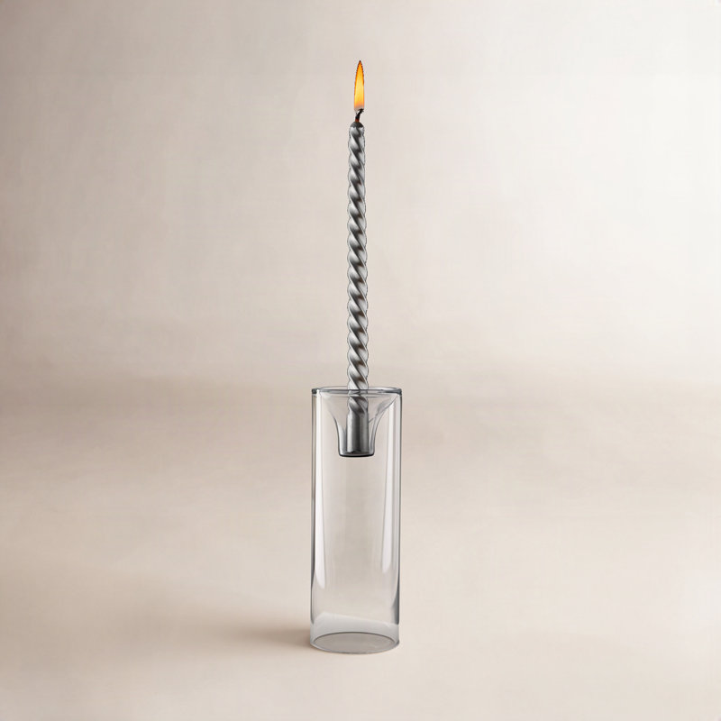 Bougeoir en verre transparent et gris, H 8 po x l 3 po x P 3 po, Clair