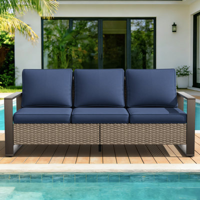 All Weather PE Wicker 3-Seat Patio Sofa with Removable Beige Olefin Cushions