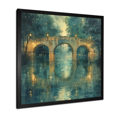 «Beige Green River Reflections Park Bridge II», reproduction d'art mural