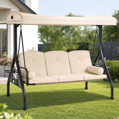 3-Person Outdoor Swings with Canopy, Swing with Cupholders and Pillows for Backyard