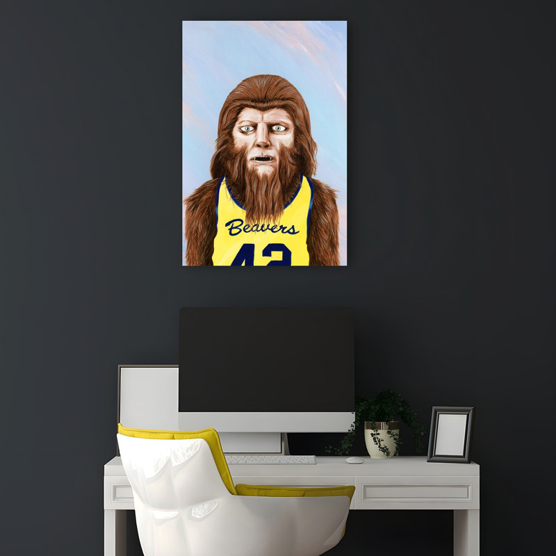 Bigfoot Basketball Player Classic Retro Surreal Wolf Forest Wall Art Print, 18" H x 12" W