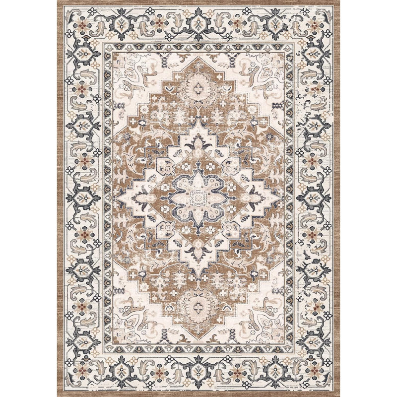 5' x 7' Washable Vintage Floral Area Rug – Soft Non-Slip Low Pile, Brown