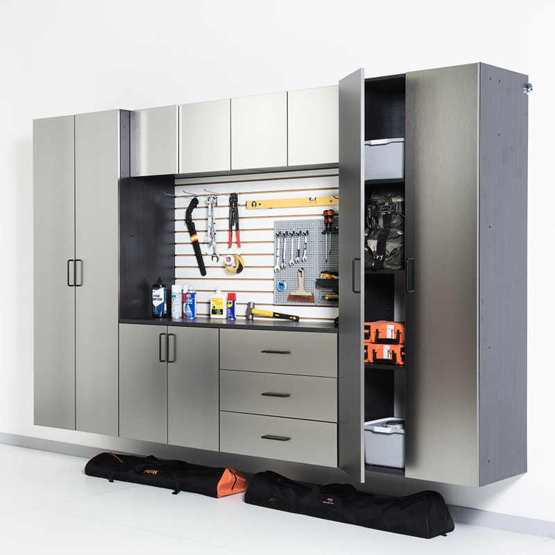 Armoire de garage Series A (7), 128 po L, 79 H, P 20, avec finition gris métallique spéciale, caractéristique des tiroirs et des portes, propriété de chaleur de l'eau, 2 bandes de bordure plus épaisses, matériau de classe E0, tablette