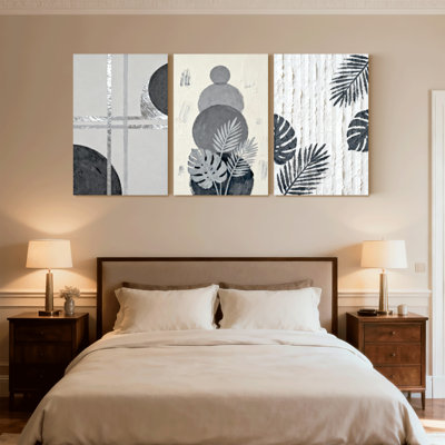 Ensemble de 3 reproductions d'art contemporain sur toile, formes géométriques abstraites et feuilles tropicales