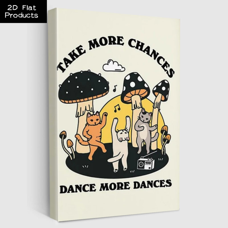 Chats dansant parmi des champignons, «Take More Chances, Dance More Dances», style de dessin animé fantaisiste. Art mural encadré en toile - Cadre en bois massif de 24 po x 36 po et 1 po d'épaisseur pour le salon ou la chambre à coucher