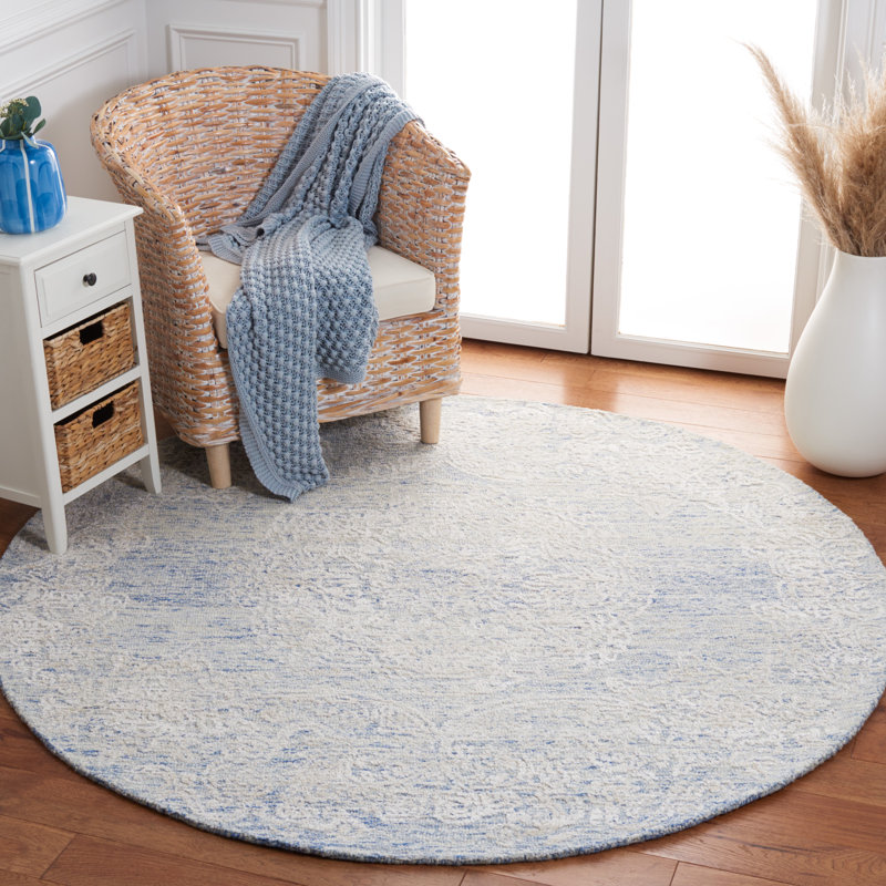 Tapis bleu / ivoire en soie / coton touffeté à la main Batha, Rond 6 pi