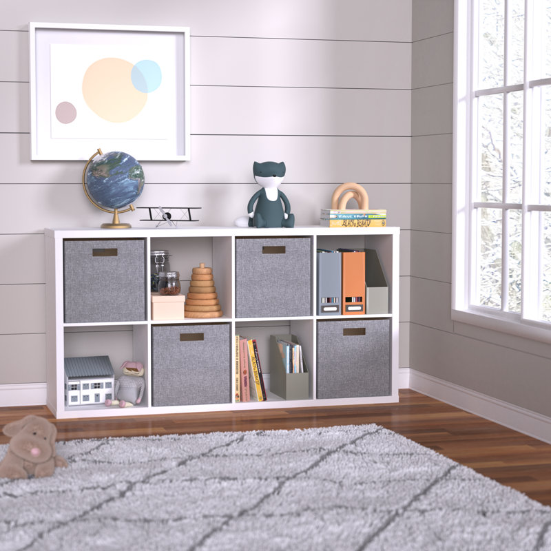 Decorative 8 Cube Bookcase With Premium Fabric Bins, White/Gray
