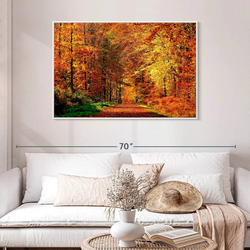Chemin vers la forêt d'automne, Cadre flottant blanc, 13 po x 9 po