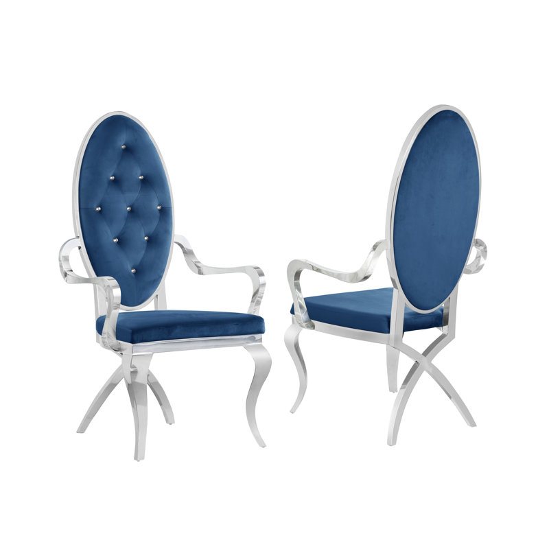 Fauteuil capitonné en velours King Louis, Argent, Velours bleu marine