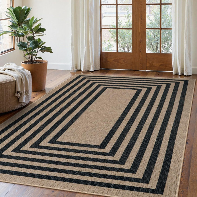 Neutral Tone Border Rug 5' x 7' for Hallway Kitchen
