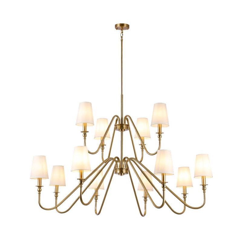 55" Wide 12-Light 2-Light Chandelier with Beige Fabric Shades, Or