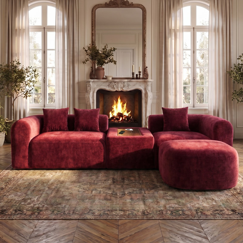 Canapé modulaire chenille modulaire avec siège de chargement USB personnalisable pour salon, Red Chenille