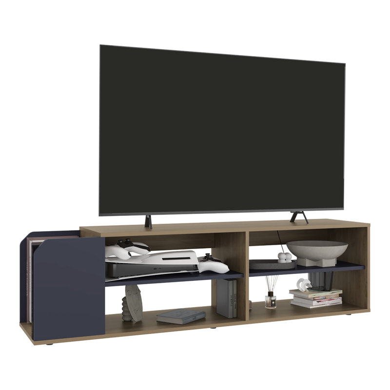Console multimédia compacte et polyvalente, tablettes ouvertes pour ranger les essentiels, esthétique noyer bleu marine, meuble télé moderne de 57,78 po avec média, bois d'ingénierie