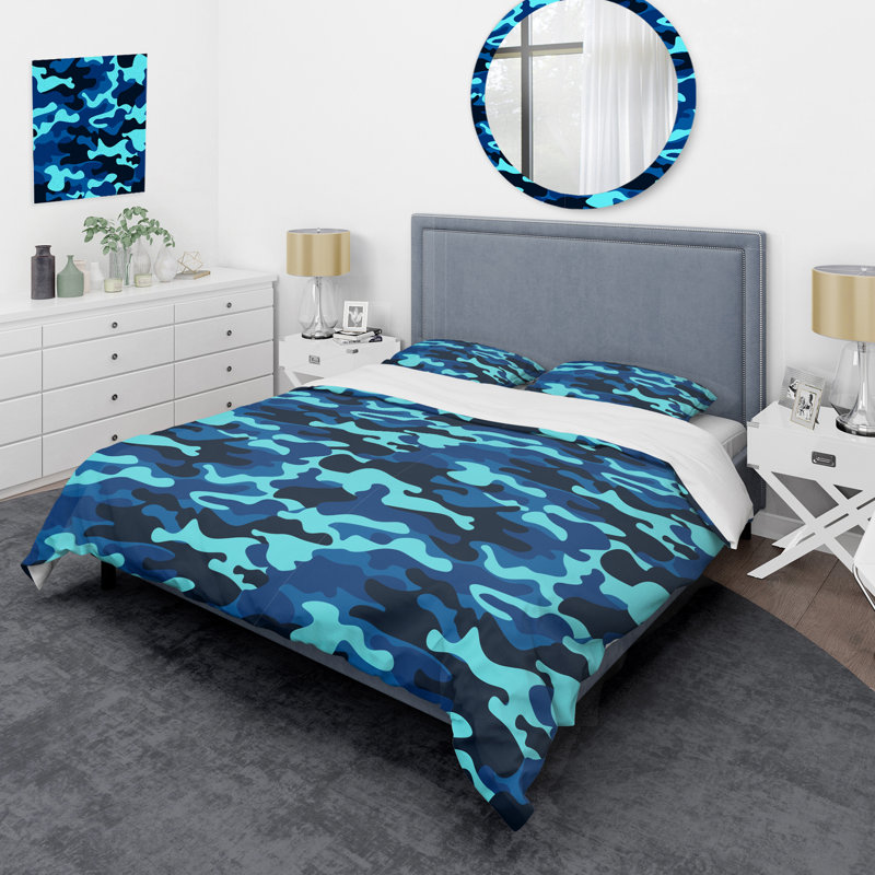 Blue Camouflage - Abstract Duvet Cover Set - Microfiber Polyester, Queen Duvet Cover + 2 Standard Shams