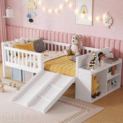 Twin Size Low Loft Bed for Kids with Slide, Movable Bookshelf Storage, Guardrails, Low Loft Bed Frame for Kids,White